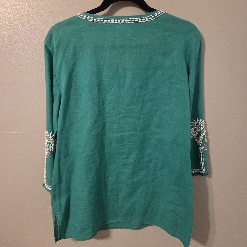Chico’s Womans Green Linen Blend Beaded Tunic Top. Sz M Resortwear Swim Cover Up - Picture 3 of 9